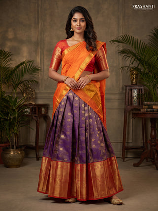 Pure kanchipuram silk lehenga violet and orange with allover zari checks & annam buttas and long zari woven border