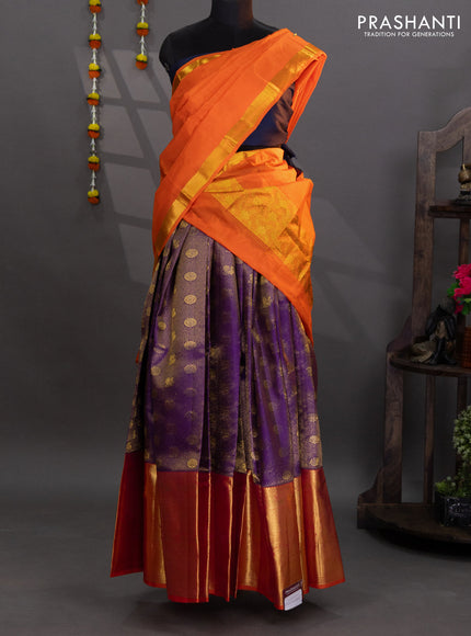 Pure kanchipuram silk lehenga violet and orange with allover zari checks & annam buttas and long zari woven border