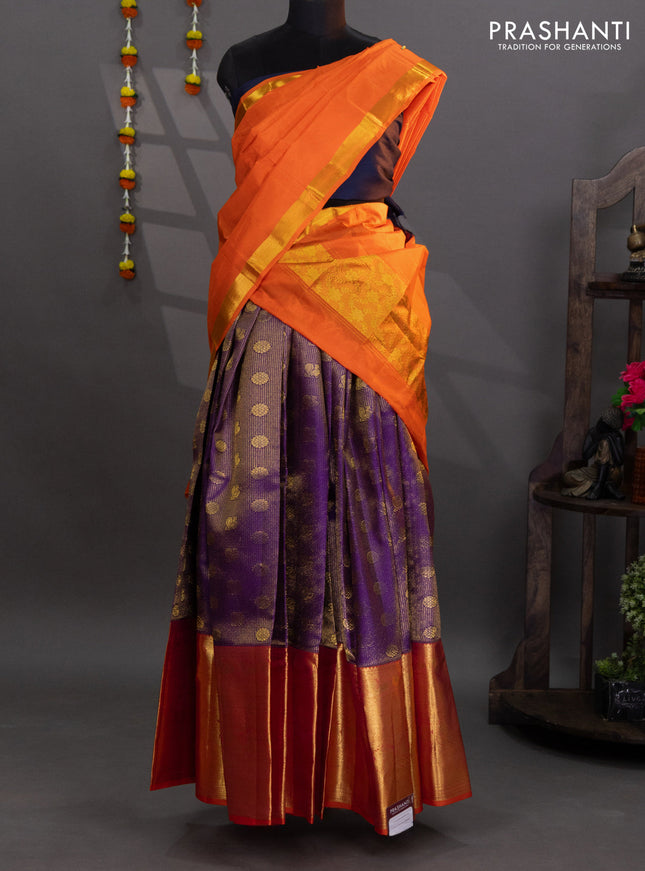 Pure kanchipuram silk lehenga violet and orange with allover zari checks & annam buttas and long zari woven border