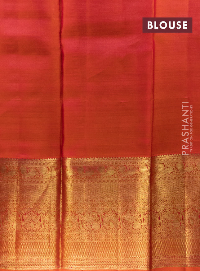 Pure kanchipuram silk lehenga violet and orange with allover zari checks & annam buttas and long zari woven border