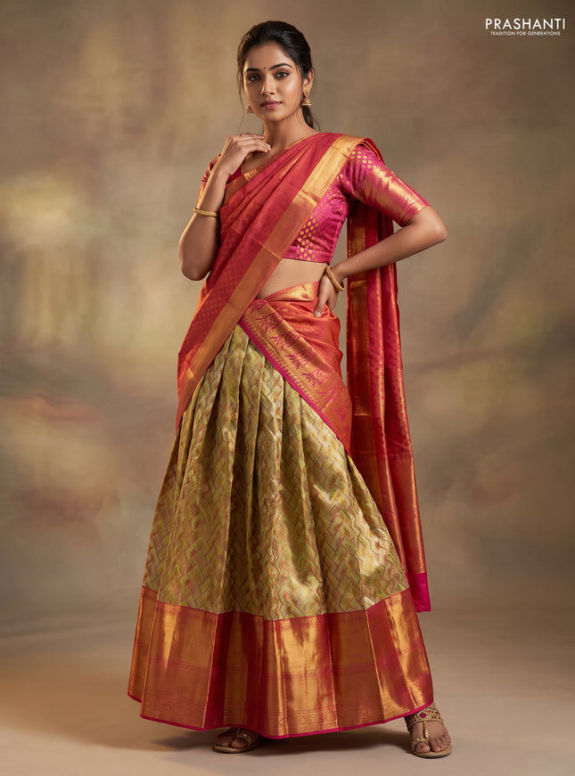 Pure kanchipuram tissue silk lehenga light green and pink with allover brocade weaves and long zari woven border