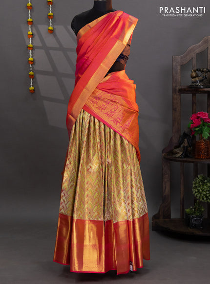 Pure kanchipuram tissue silk lehenga light green and pink with allover brocade weaves and long zari woven border