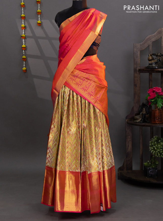 Pure kanchipuram tissue silk lehenga light green and pink with allover brocade weaves and long zari woven border