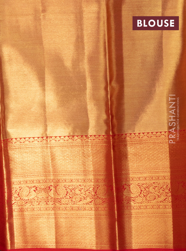 Pure kanchipuram tissue silk lehenga multi colour and red with allover brocade weaves and long zari woven border