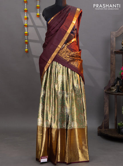 Pure kanchipuram tissue silk lehenga green shade and deep maroon with allover brocade weaves and long zari woven border