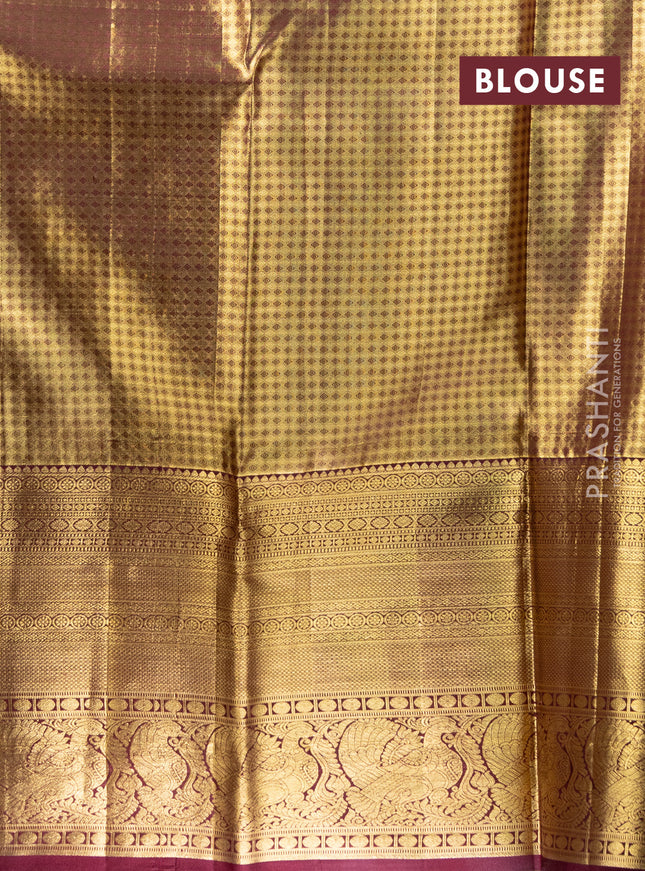 Pure kanchipuram tissue silk lehenga green shade and deep maroon with allover brocade weaves and long zari woven border