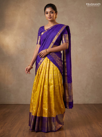 Pure kanchipuram silk lehenga yellow and blue with allover brocade weaves and annam zari woven border
