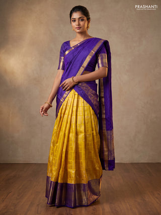 Pure kanchipuram silk lehenga yellow and blue with allover brocade weaves and annam zari woven border