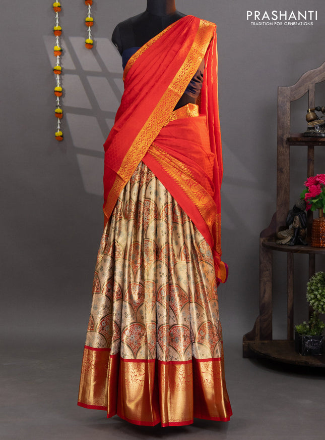 Pure kanchipuram tissue silk lehenga mlti colour and red with allover mina weaves and long zari woven border