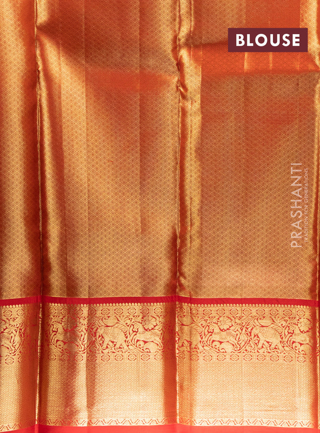 Pure kanchipuram tissue silk lehenga mlti colour and red with allover mina weaves and long zari woven border