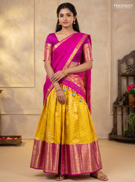 Pure kanchipuram silk lehenga yellow and pink with annam & mayil chakkaram zari woven buttas and long annam zari woven border