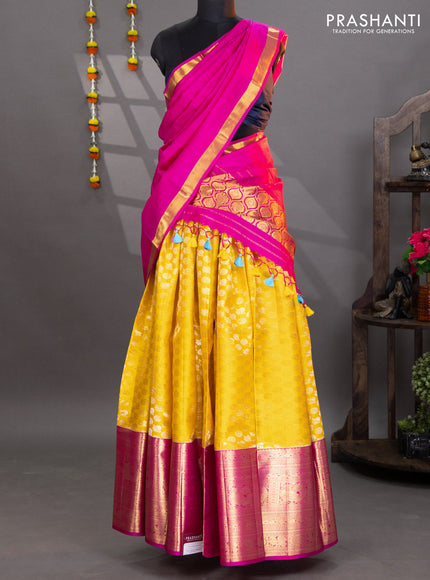 Pure kanchipuram silk lehenga yellow and pink with annam & mayil chakkaram zari woven buttas and long annam zari woven border
