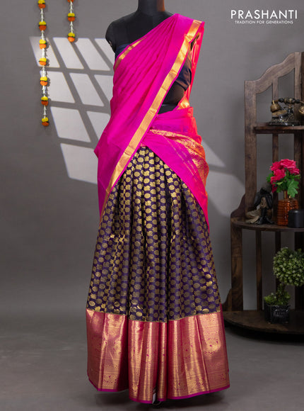 Pure kanchipuram silk lehenga deep jamun and pink with allover zari woven annam buttas and long annam zari woven border