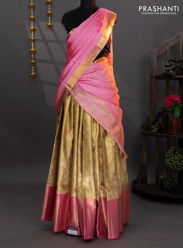 Pure kanchipuram tissue silk lehenga gold and pink with allover brocade weaves and long annam zari woven border