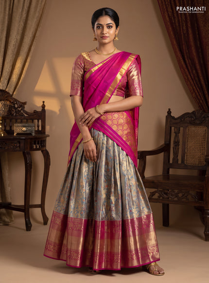 Pure kanchipuram tissue silk lehenga teal blue shade and pink with allover brocade weaves and long zari woven border