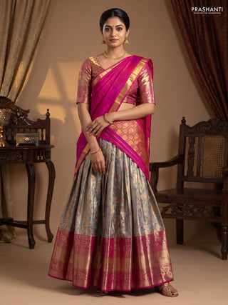 Pure kanchipuram tissue silk lehenga teal blue shade and pink with allover brocade weaves and long zari woven border