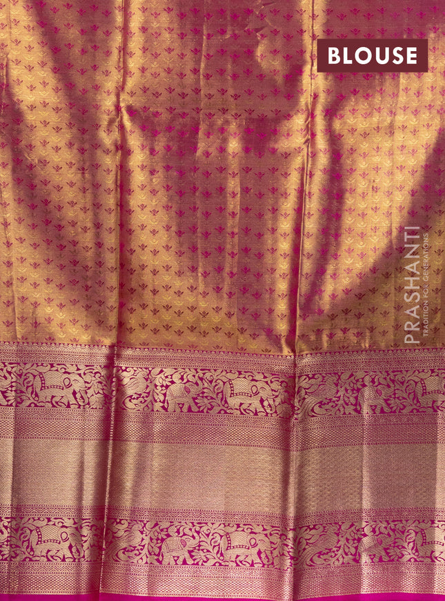 Pure kanchipuram tissue silk lehenga teal blue shade and pink with allover brocade weaves and long zari woven border