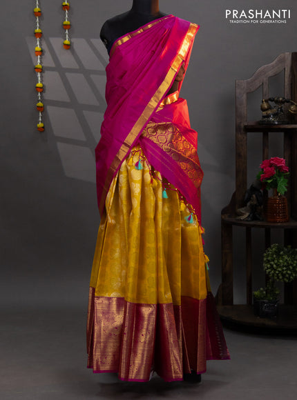 Pure kanchipuram silk lehenga yellow and pink with allover silver zari woven annam mayil chakkaram buttas and long annam zari woven border