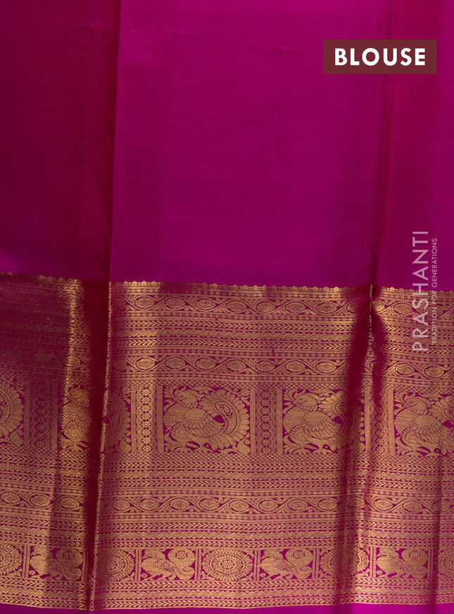 Pure kanchipuram silk lehenga yellow and pink with allover silver zari woven annam mayil chakkaram buttas and long annam zari woven border