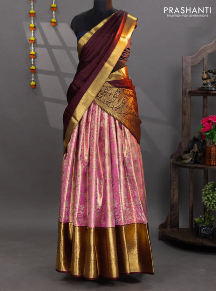 Pure kanchipuram tissue silk lehenga peach pink and deep maroon with allover brocade weaves and long zari woven border