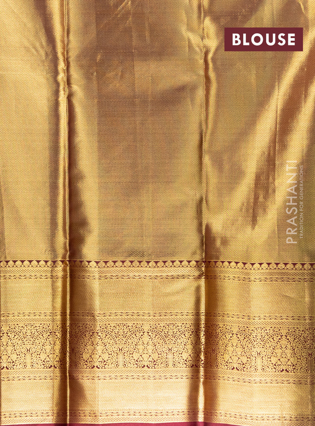 Pure kanchipuram tissue silk lehenga peach pink and deep maroon with allover brocade weaves and long zari woven border