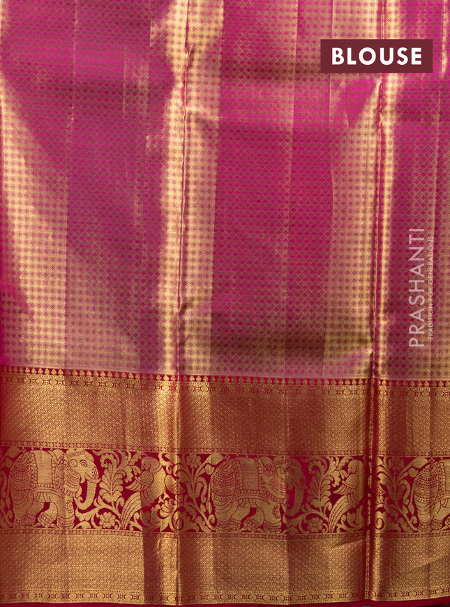 Pure kanchipuram tissue silk lehenga fluorescent green and pink with allover brocade weaves and long zari woven border