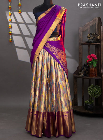Pure kanchipuram tissue silk lehenga multi colour and purple with allover brocade weaves and long zari woven border