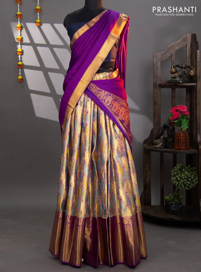 Pure kanchipuram tissue silk lehenga multi colour and purple with allover brocade weaves and long zari woven border