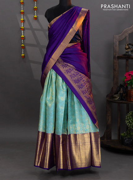 Pure kanchipuram silk lehenga light blue and violet with allover brocade weaves and long zari woven border
