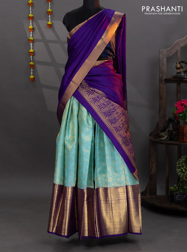 Pure kanchipuram silk lehenga light blue and violet with allover brocade weaves and long zari woven border
