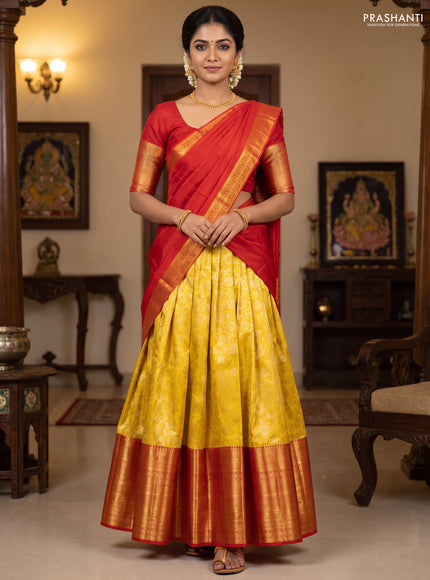 Pure kanchipuram silk lehenga yellow and red with allover brocade weaves and long zari woven border