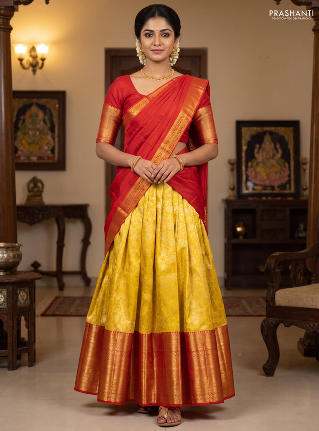 Pure kanchipuram silk lehenga yellow and red with allover brocade weaves and long zari woven border
