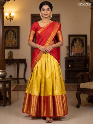 Pure kanchipuram silk lehenga yellow and red with allover brocade weaves and long zari woven border
