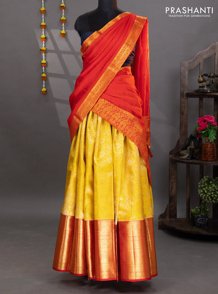 Pure kanchipuram silk lehenga yellow and red with allover brocade weaves and long zari woven border