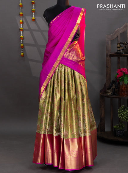 Pure kanchipuram tissue silk lehenga lime green and pink with allover brocade weaves and long zari woven border