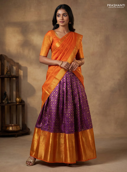 Pure kanchipuram silk lehenga purple and orange with allover brocade weaves and long zari woven border
