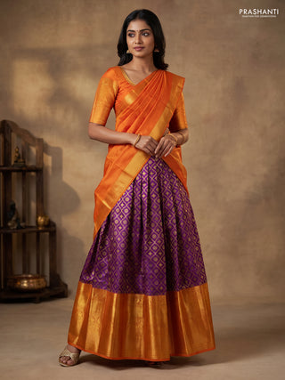 Pure kanchipuram silk lehenga purple and orange with allover brocade weaves and long zari woven border