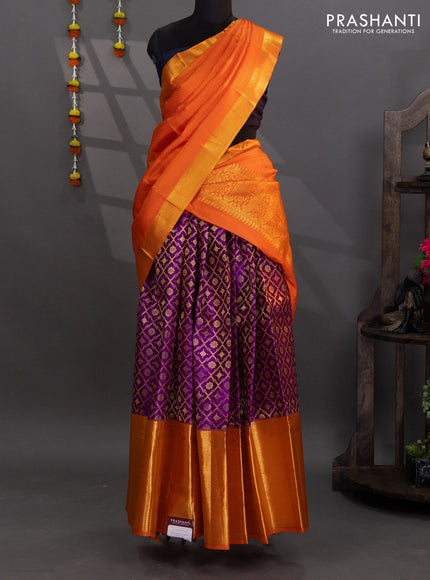 Pure kanchipuram silk lehenga purple and orange with allover brocade weaves and long zari woven border