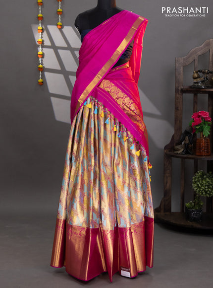 Pure kanchipuram tissue silk lehenga gold and pink with allover mina weaves and long zari woven border