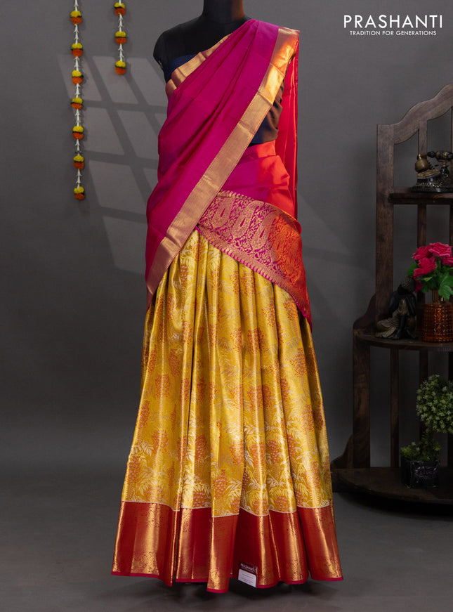 Pure kanchipuram tissue silk lehenga yellow and pink with allover brocade weaves and annam zari woven border