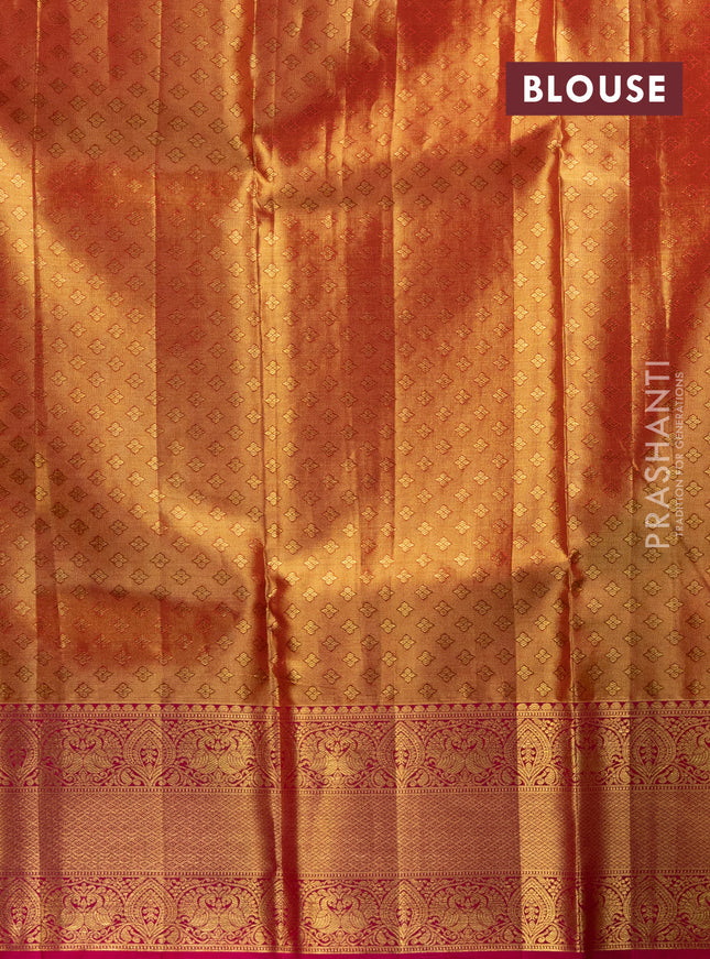 Pure kanchipuram tissue silk lehenga yellow and pink with allover brocade weaves and annam zari woven border