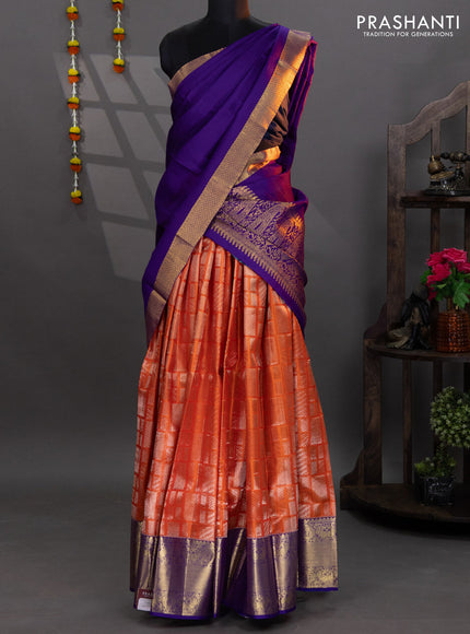 Pure kanchipuram silk lehenga orange and violet with allover silver zari woven brocade weaves and annam zari woven border