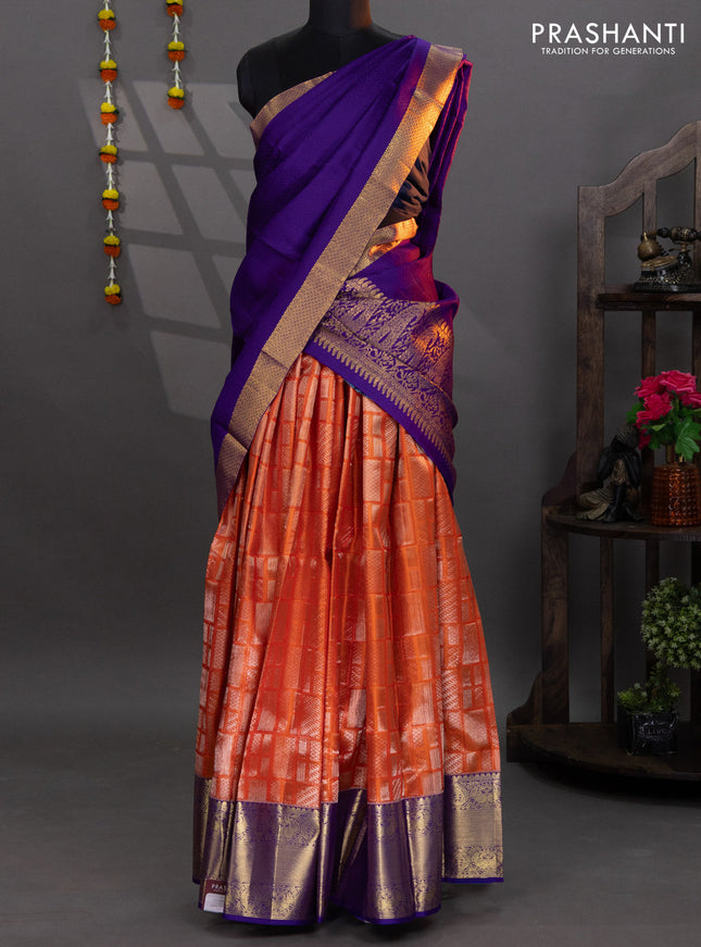 Pure kanchipuram silk lehenga orange and violet with allover silver zari woven brocade weaves and annam zari woven border