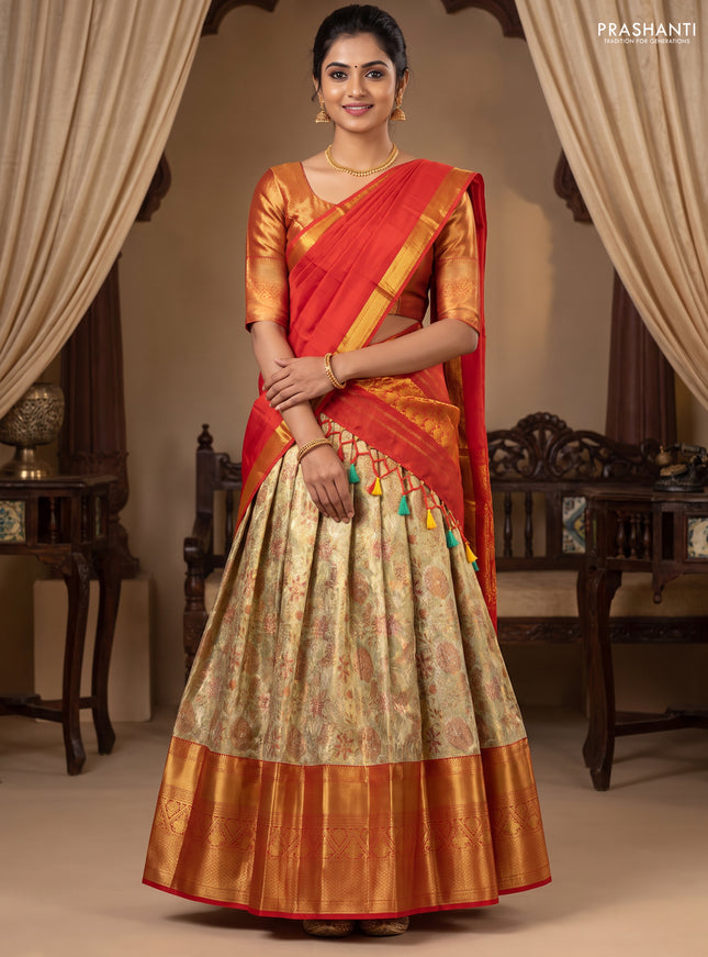 Pure kanchipuram tissue silk lehenga pista green and red with allover brocade weaves and long zari woven border
