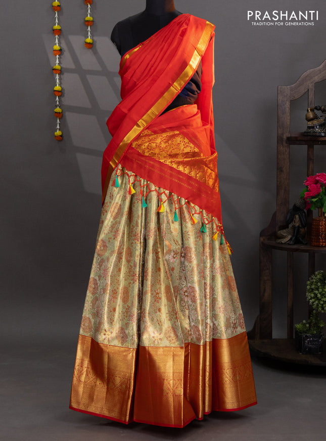 Pure kanchipuram tissue silk lehenga pista green and red with allover brocade weaves and long zari woven border