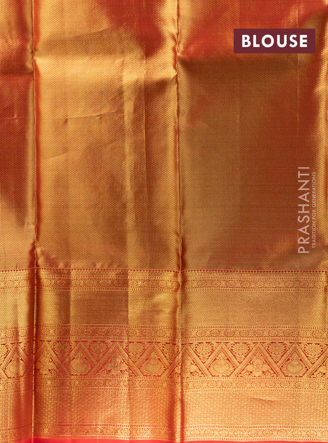 Pure kanchipuram tissue silk lehenga pista green and red with allover brocade weaves and long zari woven border