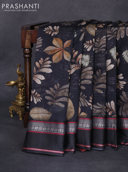 Maheshwari silk cotton saree black with allover leaf digital prints and rettapet thread woven border