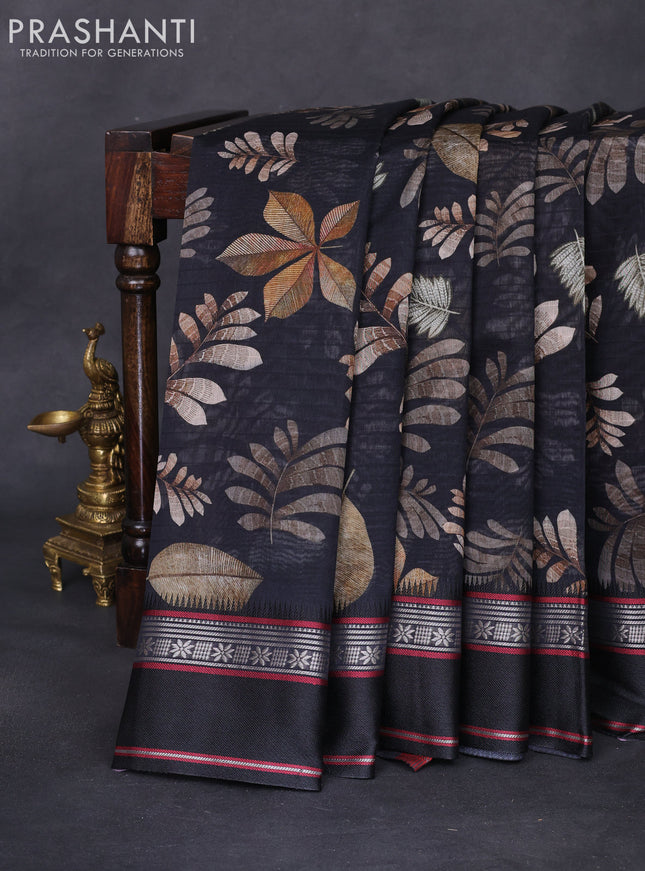 Maheshwari silk cotton saree black with allover leaf digital prints and rettapet thread woven border
