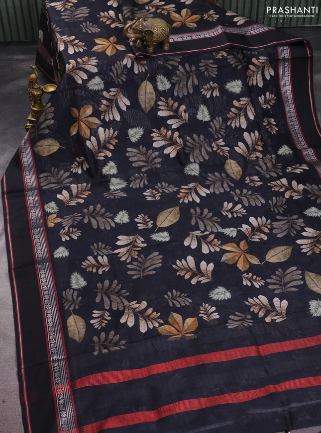 Maheshwari silk cotton saree black with allover leaf digital prints and rettapet thread woven border