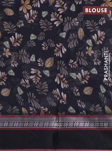 Maheshwari silk cotton saree black with allover leaf digital prints and rettapet thread woven border